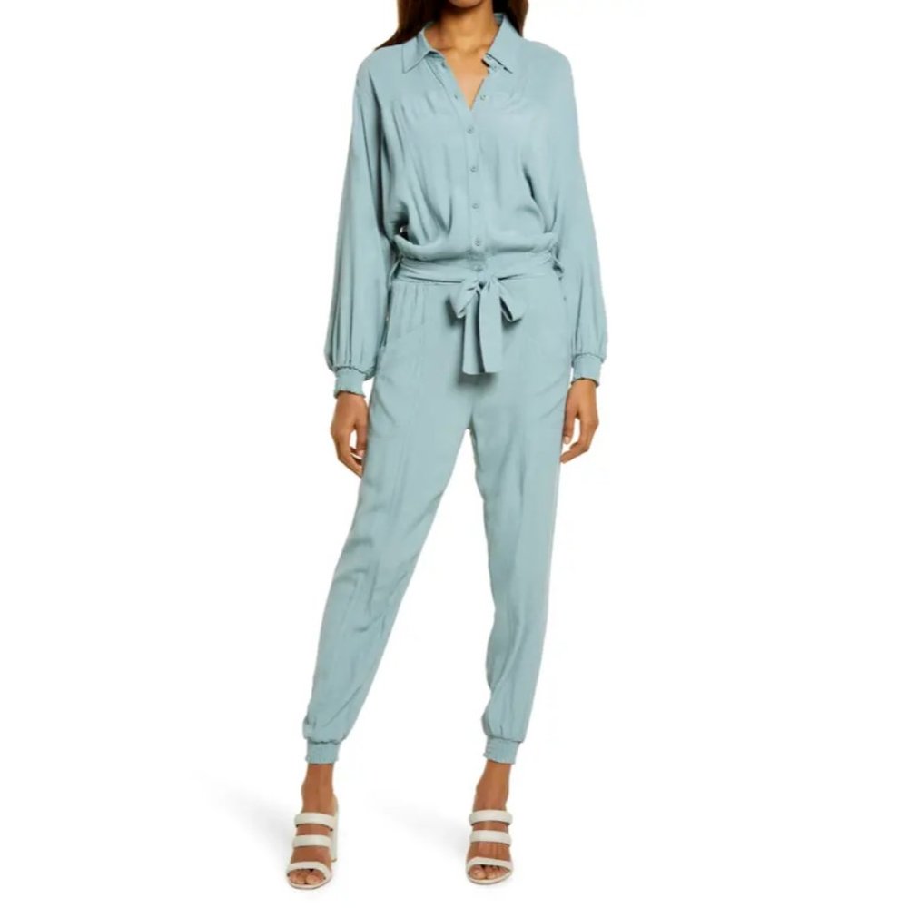 New BTFL-LIFE Size XL Sage‎ Blue Green Button Front Long Sleeve Crepe Jumpsuit